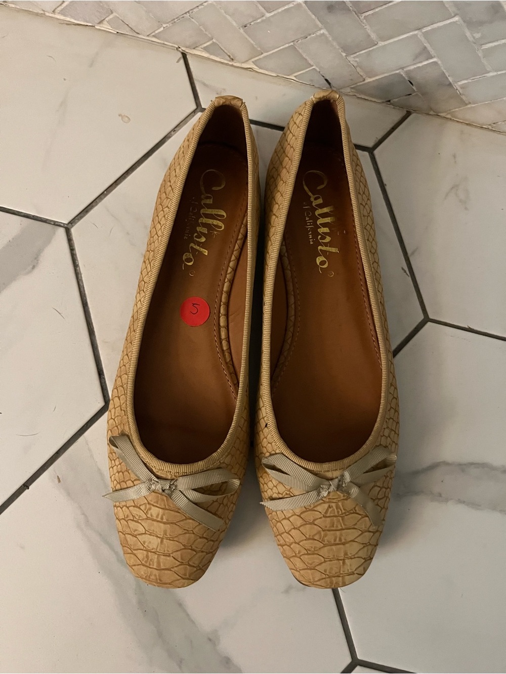 Callisto Tan Croc-Textured Bow Flats